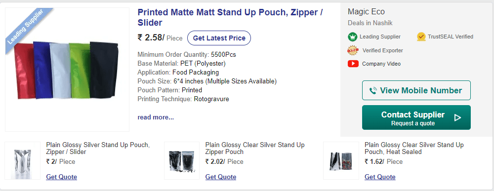 Printed Matte Matt Stand Up Pouch, Zipper / Slider
